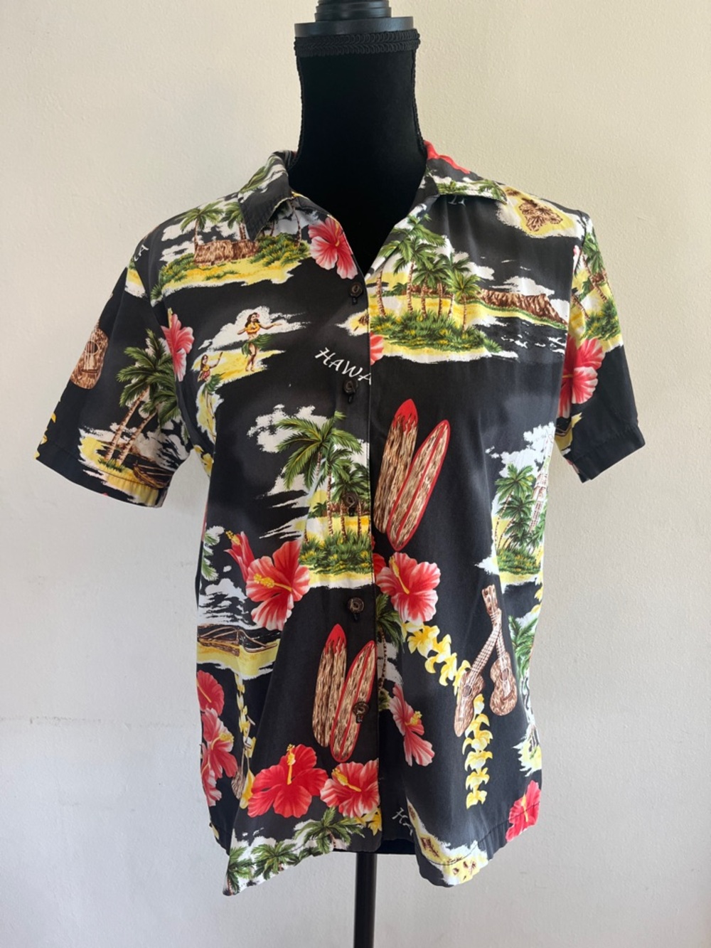 Men's Black Hawaiian Camp Shirt with Red & Green Tropical Print